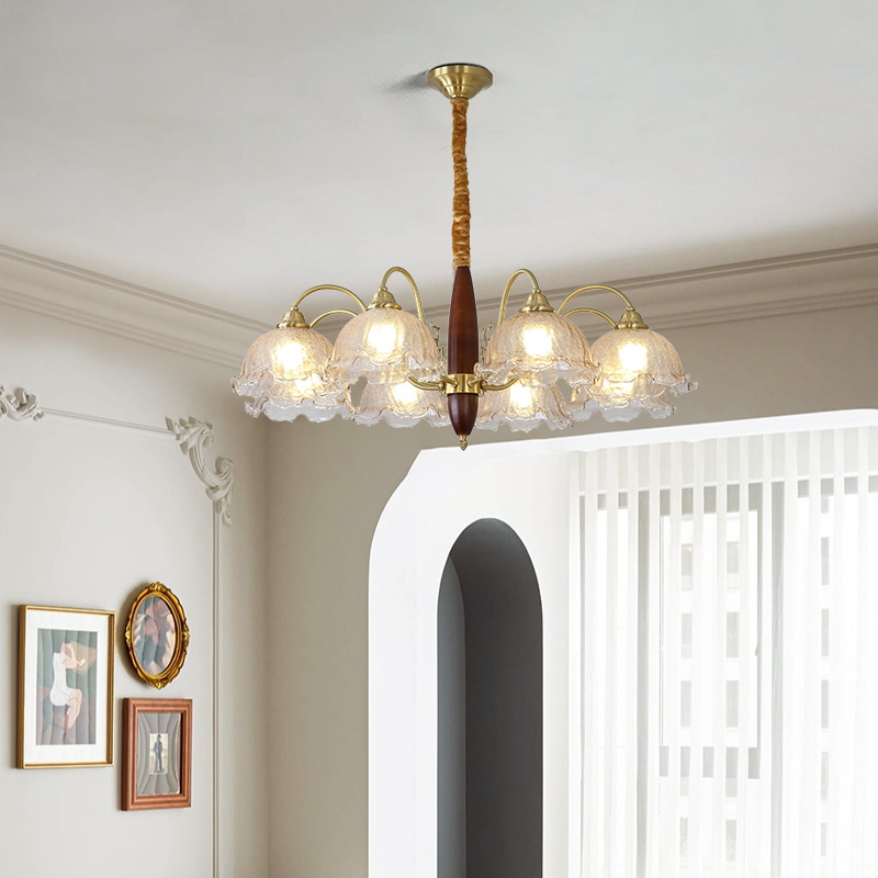 Medieval living room pendant light creative solid wood dining room bedroom light Japanese retro American homestay copper flower glass light-8862 - Imagen 3