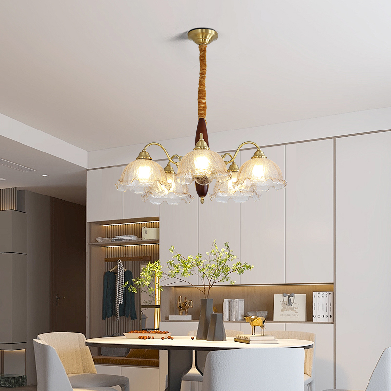 Medieval living room pendant light creative solid wood dining room bedroom light Japanese retro American homestay copper flower glass light-8862 - Imagen 4