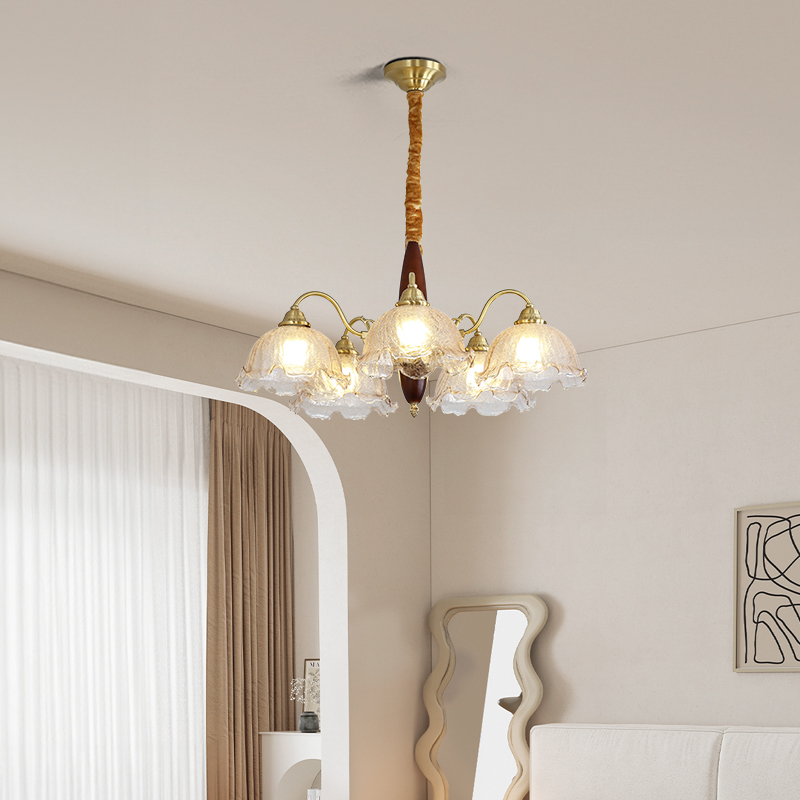 Medieval living room pendant light creative solid wood dining room bedroom light Japanese retro American homestay copper flower glass light-8862 - Imagen 5
