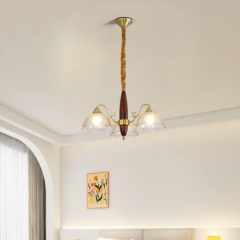 Medieval living room pendant light creative solid wood dining room bedroom light Japanese retro American homestay copper flower glass light-8862 - Imagen 6