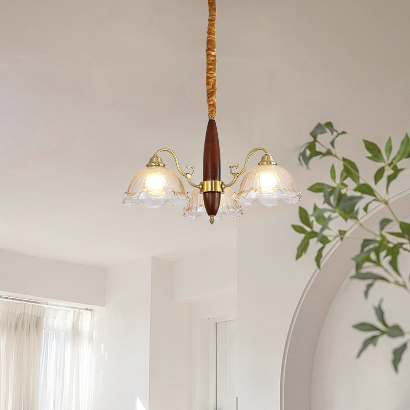 Medieval living room pendant light creative solid wood dining room bedroom light Japanese retro American homestay copper flower glass light-8862 - Imagen 7