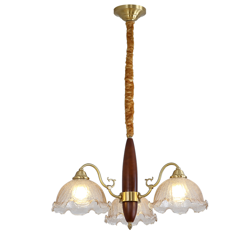 Medieval living room pendant light creative solid wood dining room bedroom light Japanese retro American homestay copper flower glass light-8862 - Imagen 8