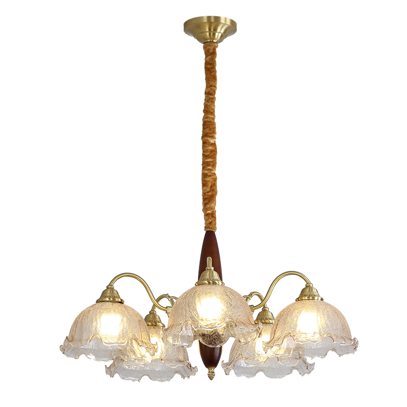 Medieval living room pendant light creative solid wood dining room bedroom light Japanese retro American homestay copper flower glass light-8862 - Imagen 9