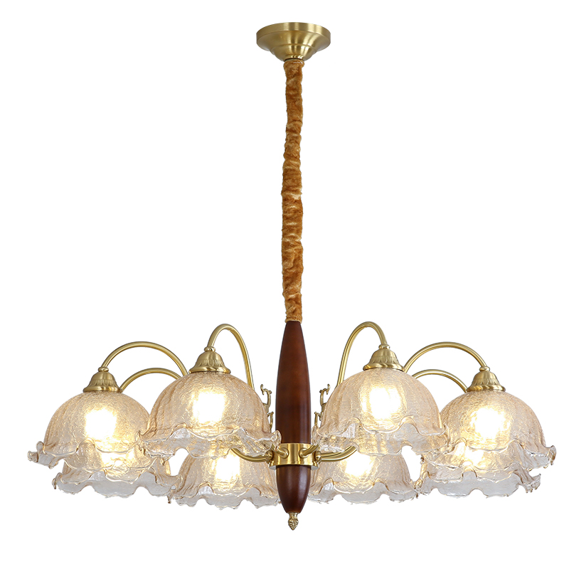 Medieval living room pendant light creative solid wood dining room bedroom light Japanese retro American homestay copper flower glass light-8862 - Imagen 10