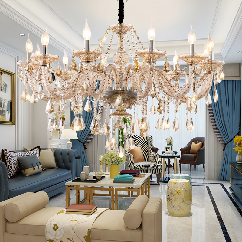 Cognac color double-layer European crystal chandelier, duplex villa staircase candle lamp, hotel engineering lamp, large chandelier-6059 - Imagen 5
