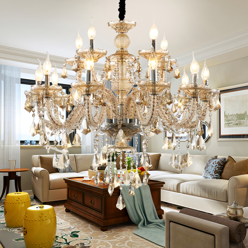 Cognac color double-layer European crystal chandelier, duplex villa staircase candle lamp, hotel engineering lamp, large chandelier-6059 - Imagen 6
