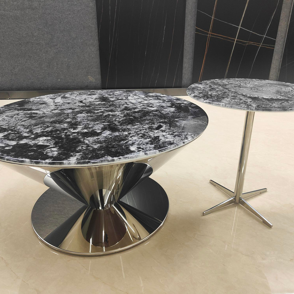 Bộ bàn trà đôi  mặt đá sa thạch đen hiện đại-Mặt đá tấm đen + Chân kim loại CJ2427Y (China Rock Slab) - Ảnh 3